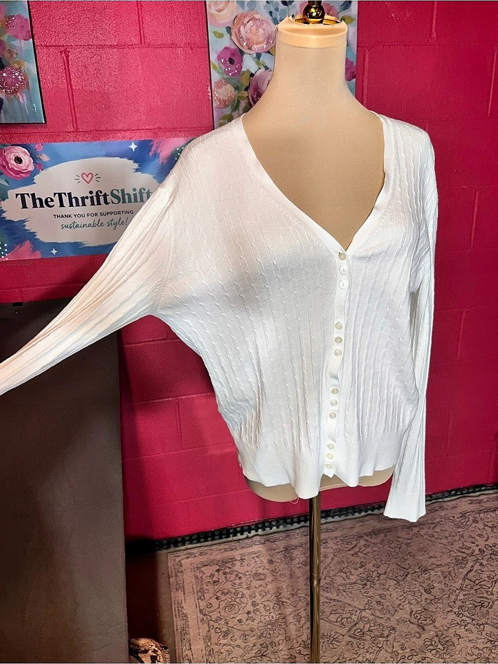 Talbots Cable Knit V-Neck Cardigan White Size Large